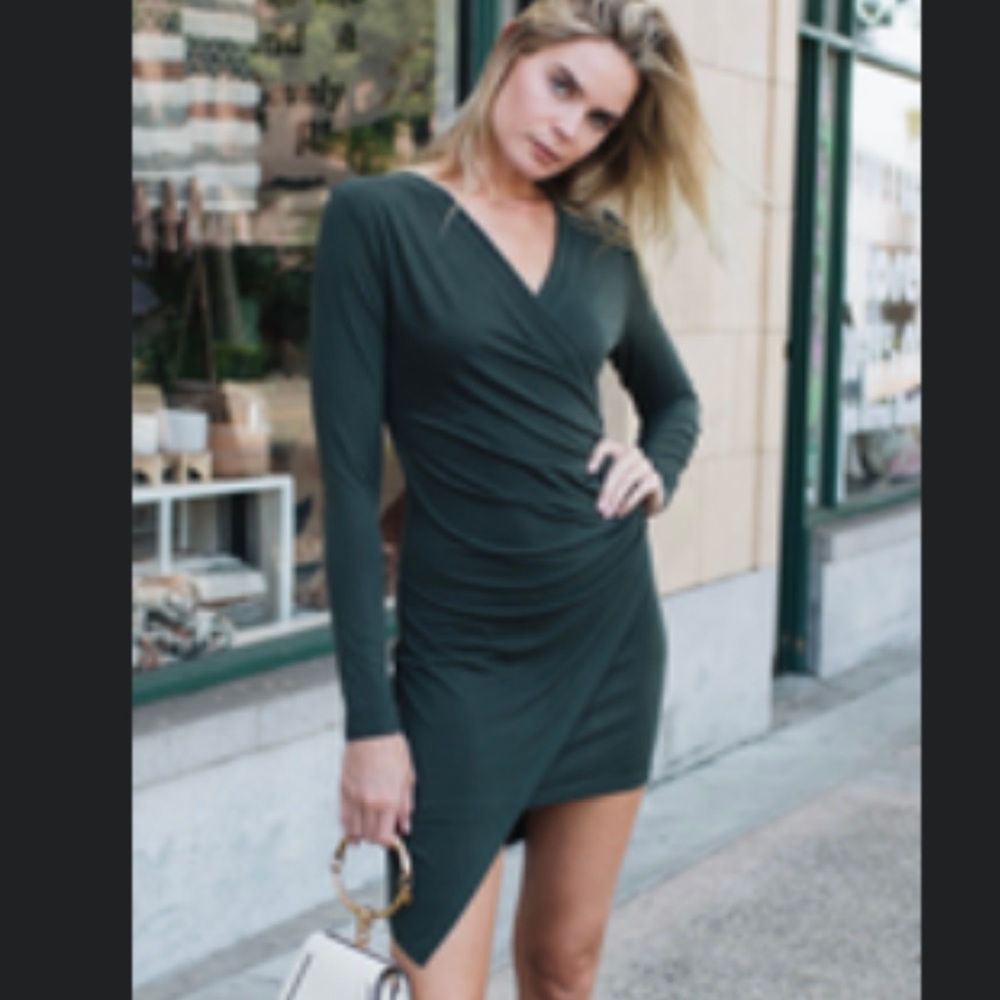 Amaryllis dark green long sleeve dress with ruching